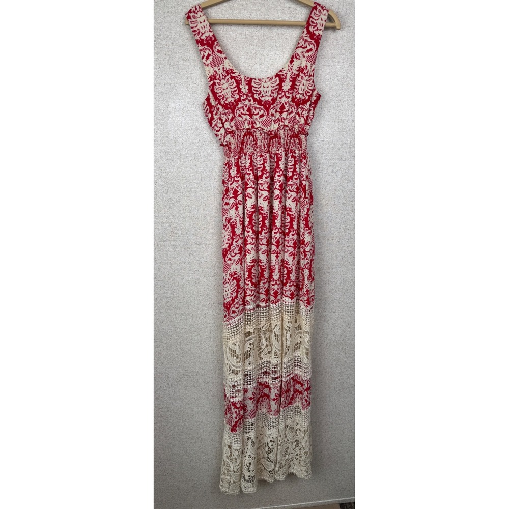Anthropologie Sunday in Brooklyn Maxi Dress XS Red & Cream Print Lace Hem - Picture 5 of 8